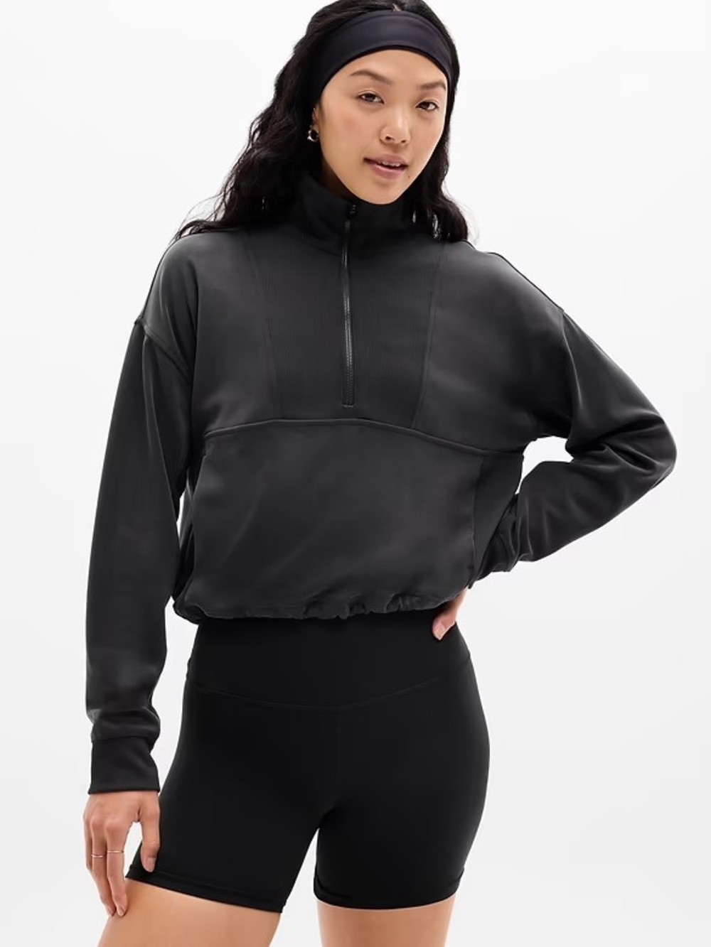 Athleta Quarter Zip Pullover Sz M Black Cropped Cozy Athleisure Streetwear